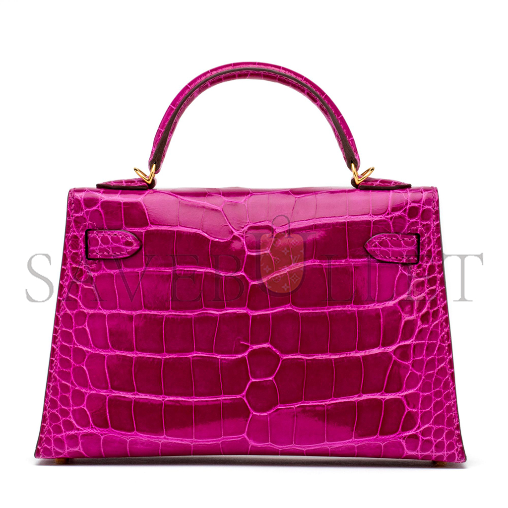 HERMÈS MASTER MINI KELLY II GLOSSY ALLIGATOR ROSE (19*12*5.5cm) 